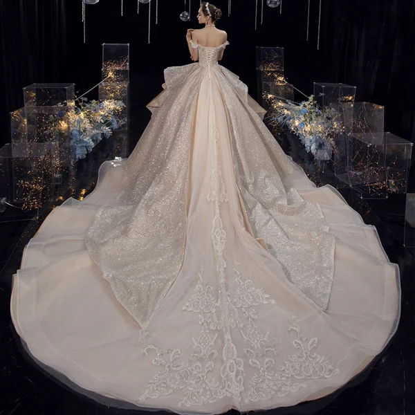 Luxury / Gorgeous Champagne Bridal Wedding Dresses 2020 Ball Gown Off-The-Shoulder Short Sleeve Backless Beading Appliques Sequins Glitter Tulle Cathedral Train Ruffle