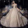 Luxury / Gorgeous Champagne Bridal Wedding Dresses 2020 Ball Gown Off-The-Shoulder Short Sleeve Backless Beading Appliques Sequins Glitter Tulle Cathedral Train Ruffle