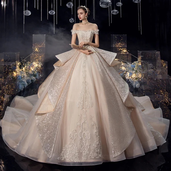 Luxury / Gorgeous Champagne Bridal Wedding Dresses 2020 Ball Gown Off-The-Shoulder Short Sleeve Backless Beading Appliques Sequins Glitter Tulle Cathedral Train Ruffle