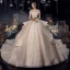 Luxury / Gorgeous Champagne Bridal Wedding Dresses 2020 Ball Gown Off-The-Shoulder Short Sleeve Backless Beading Appliques Sequins Glitter Tulle Cathedral Train Ruffle