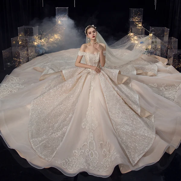 Luxury / Gorgeous Champagne Bridal Wedding Dresses 2020 Ball Gown Off-The-Shoulder Short Sleeve Backless Beading Appliques Sequins Glitter Tulle Cathedral Train Ruffle