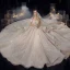 Luxury / Gorgeous Champagne Bridal Wedding Dresses 2020 Ball Gown Off-The-Shoulder Short Sleeve Backless Beading Appliques Sequins Glitter Tulle Cathedral Train Ruffle