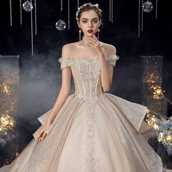Luxury / Gorgeous Champagne Bridal Wedding Dresses 2020 Ball Gown Off-The-Shoulder Short Sleeve Backless Beading Appliques Sequins Glitter Tulle Cathedral Train Ruffle