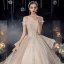 Luxury / Gorgeous Champagne Bridal Wedding Dresses 2020 Ball Gown Off-The-Shoulder Short Sleeve Backless Beading Appliques Sequins Glitter Tulle Cathedral Train Ruffle