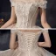 Luxury / Gorgeous Champagne Bridal Wedding Dresses 2020 Ball Gown Off-The-Shoulder Short Sleeve Backless Beading Appliques Sequins Glitter Tulle Cathedral Train Ruffle