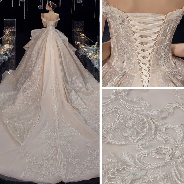 Luxury / Gorgeous Champagne Bridal Wedding Dresses 2020 Ball Gown Off-The-Shoulder Short Sleeve Backless Beading Appliques Sequins Glitter Tulle Cathedral Train Ruffle