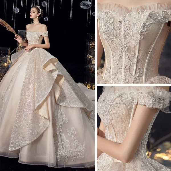 Luxury / Gorgeous Champagne Bridal Wedding Dresses 2020 Ball Gown Off-The-Shoulder Short Sleeve Backless Beading Appliques Sequins Glitter Tulle Cathedral Train Ruffle