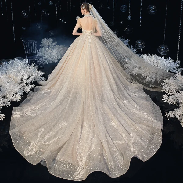 Vintage Champagner Hochzeits Brautkleider / Hochzeitskleider 2020 Ballkleid Durchsichtige Stehkragen Ärmellos Rückenfreies Applikationen Spitze Pailletten Perlenstickerei Glanz Tülle Kapelle-Schleppe Rüschen
