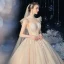 Vintage Champagner Hochzeits Brautkleider / Hochzeitskleider 2020 Ballkleid Durchsichtige Stehkragen Ärmellos Rückenfreies Applikationen Spitze Pailletten Perlenstickerei Glanz Tülle Kapelle-Schleppe Rüschen
