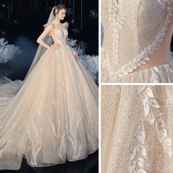 Vintage Champagner Hochzeits Brautkleider / Hochzeitskleider 2020 Ballkleid Durchsichtige Stehkragen Ärmellos Rückenfreies Applikationen Spitze Pailletten Perlenstickerei Glanz Tülle Kapelle-Schleppe Rüschen