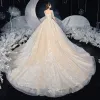 Romantic Champagne Bridal Wedding Dresses 2020 Ball Gown See-through Scoop Neck 1/2 Sleeves Backless Appliques Lace Beading Chapel Train Ruffle