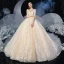 Romantic Champagne Bridal Wedding Dresses 2020 Ball Gown See-through Scoop Neck 1/2 Sleeves Backless Appliques Lace Beading Chapel Train Ruffle