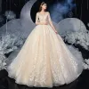 Romantic Champagne Bridal Wedding Dresses 2020 Ball Gown See-through Scoop Neck 1/2 Sleeves Backless Appliques Lace Beading Chapel Train Ruffle