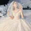 Romantic Champagne Bridal Wedding Dresses 2020 Ball Gown See-through Scoop Neck 1/2 Sleeves Backless Appliques Lace Beading Chapel Train Ruffle