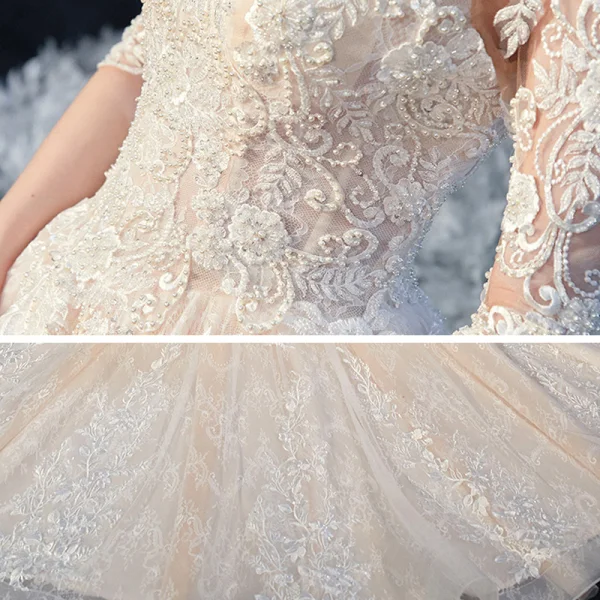 Romantic Champagne Bridal Wedding Dresses 2020 Ball Gown See-through Scoop Neck 1/2 Sleeves Backless Appliques Lace Beading Chapel Train Ruffle