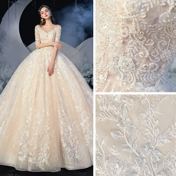 Romantic Champagne Bridal Wedding Dresses 2020 Ball Gown See-through Scoop Neck 1/2 Sleeves Backless Appliques Lace Beading Chapel Train Ruffle