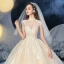 Vintage / Originale Champagne La Mariée Robe De Mariée 2020 Robe Boule Transparentes Col Haut Manches Courtes Dos Nu Appliques En Dentelle Perlage Gland Cathedral Train