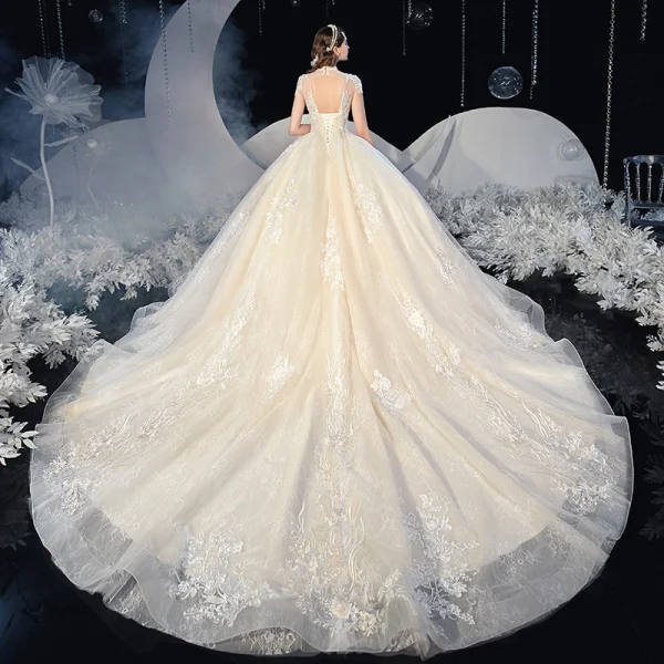 Vintage / Originale Champagne La Mariée Robe De Mariée 2020 Robe Boule Transparentes Col Haut Manches Courtes Dos Nu Appliques En Dentelle Perlage Gland Cathedral Train