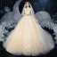 Vintage / Originale Champagne La Mariée Robe De Mariée 2020 Robe Boule Transparentes Col Haut Manches Courtes Dos Nu Appliques En Dentelle Perlage Gland Cathedral Train