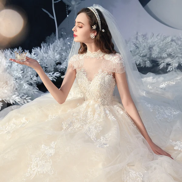 Vintage / Originale Champagne La Mariée Robe De Mariée 2020 Robe Boule Transparentes Col Haut Manches Courtes Dos Nu Appliques En Dentelle Perlage Gland Cathedral Train
