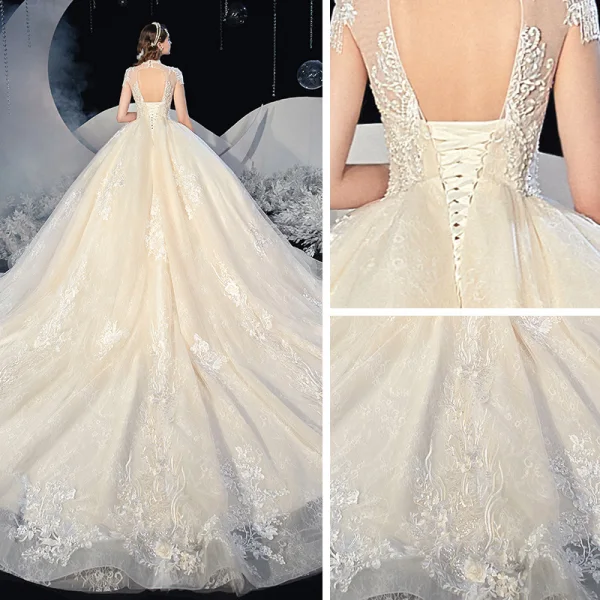 Vintage / Originale Champagne La Mariée Robe De Mariée 2020 Robe Boule Transparentes Col Haut Manches Courtes Dos Nu Appliques En Dentelle Perlage Gland Cathedral Train