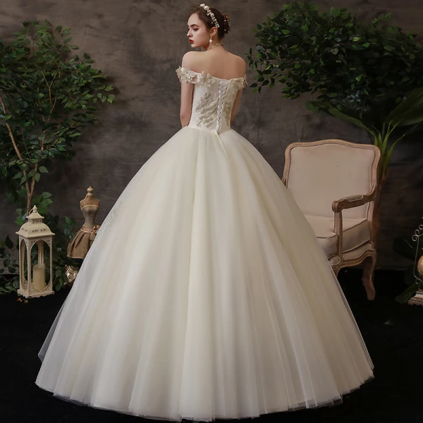 Affordable Ivory Bridal Wedding Dresses 2020 Ball Gown Off-The-Shoulder Short Sleeve Backless Appliques Lace Beading Floor-Length / Long Ruffle