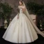 Affordable Ivory Bridal Wedding Dresses 2020 Ball Gown Off-The-Shoulder Short Sleeve Backless Appliques Lace Beading Floor-Length / Long Ruffle