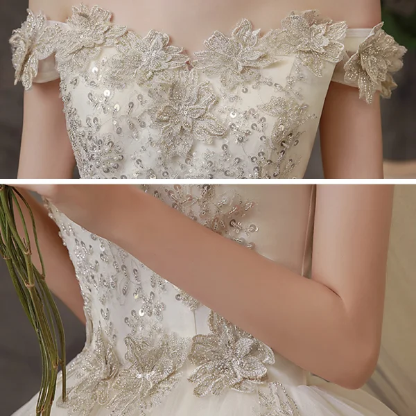 Affordable Ivory Bridal Wedding Dresses 2020 Ball Gown Off-The-Shoulder Short Sleeve Backless Appliques Lace Beading Floor-Length / Long Ruffle