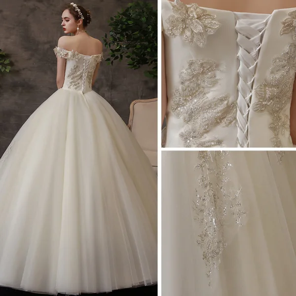 Affordable Ivory Bridal Wedding Dresses 2020 Ball Gown Off-The-Shoulder Short Sleeve Backless Appliques Lace Beading Floor-Length / Long Ruffle