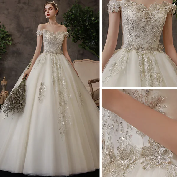 Affordable Ivory Bridal Wedding Dresses 2020 Ball Gown Off-The-Shoulder Short Sleeve Backless Appliques Lace Beading Floor-Length / Long Ruffle
