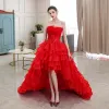 Affordable Red Bridal Wedding Dresses 2020 Ball Gown Strapless Sleeveless Backless Appliques Lace Rhinestone Asymmetrical Cascading Ruffles