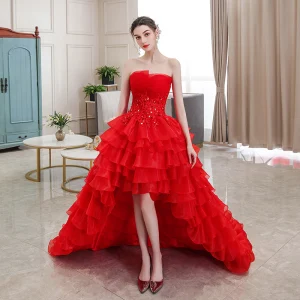 Erschwinglich Rot Hochzeits Brautkleider Hochzeitskleider 2020 Ballkleid Bandeau Ärmellos Rückenfreies Applikationen Spitze Strass Asymmetrisch Fallende Rüsche