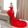 Affordable Red Bridal Wedding Dresses 2020 Ball Gown Strapless Sleeveless Backless Appliques Lace Rhinestone Asymmetrical Cascading Ruffles