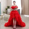 Affordable Red Bridal Wedding Dresses 2020 Ball Gown Off-The-Shoulder Puffy Short Sleeve Backless Beading Asymmetrical Cascading Ruffles