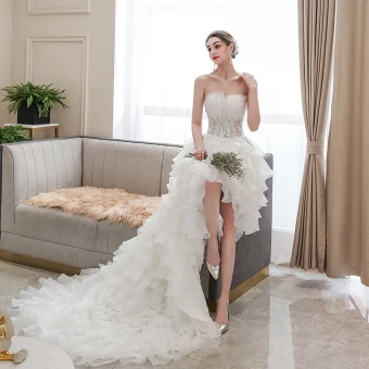 Affordable Ivory Bridal Wedding Dresses 2020 Ball Gown Strapless Sleeveless Backless Appliques Lace Beading Asymmetrical Ruffle