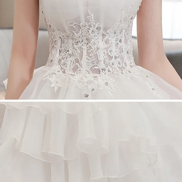 Affordable Ivory Bridal Wedding Dresses 2020 Ball Gown Strapless Sleeveless Backless Appliques Lace Beading Asymmetrical Ruffle