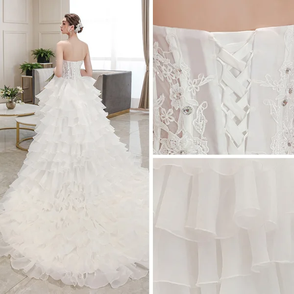 Affordable Ivory Bridal Wedding Dresses 2020 Ball Gown Strapless Sleeveless Backless Appliques Lace Beading Asymmetrical Ruffle