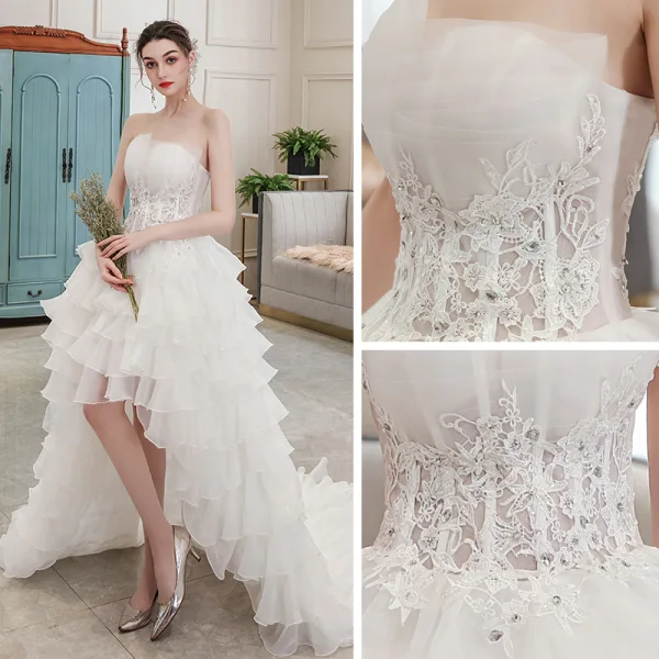 Affordable Ivory Bridal Wedding Dresses 2020 Ball Gown Strapless Sleeveless Backless Appliques Lace Beading Asymmetrical Ruffle