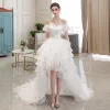 Affordable Ivory Beach Summer Wedding Dresses 2020 Ball Gown Off-The-Shoulder Puffy Short Sleeve Backless Asymmetrical Cascading Ruffles