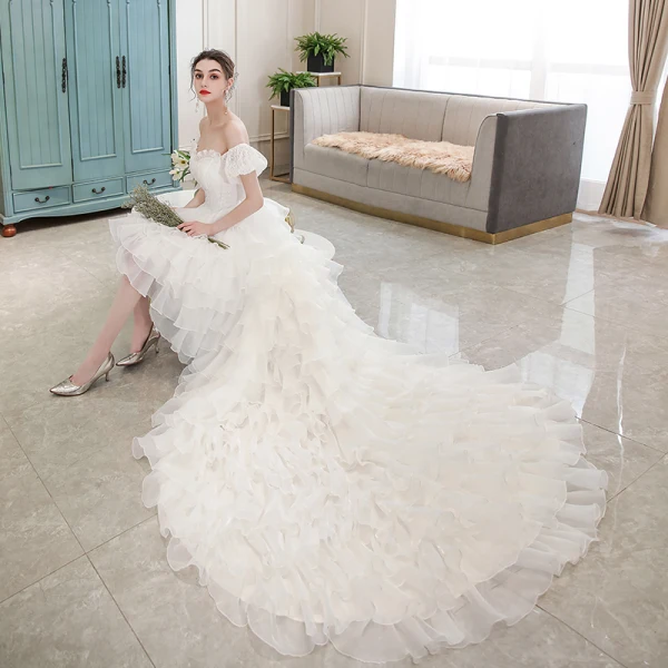 Affordable Ivory Beach Summer Wedding Dresses 2020 Ball Gown Off-The-Shoulder Puffy Short Sleeve Backless Asymmetrical Cascading Ruffles