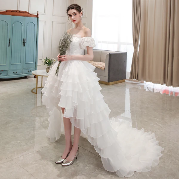 Affordable Ivory Beach Summer Wedding Dresses 2020 Ball Gown Off-The-Shoulder Puffy Short Sleeve Backless Asymmetrical Cascading Ruffles