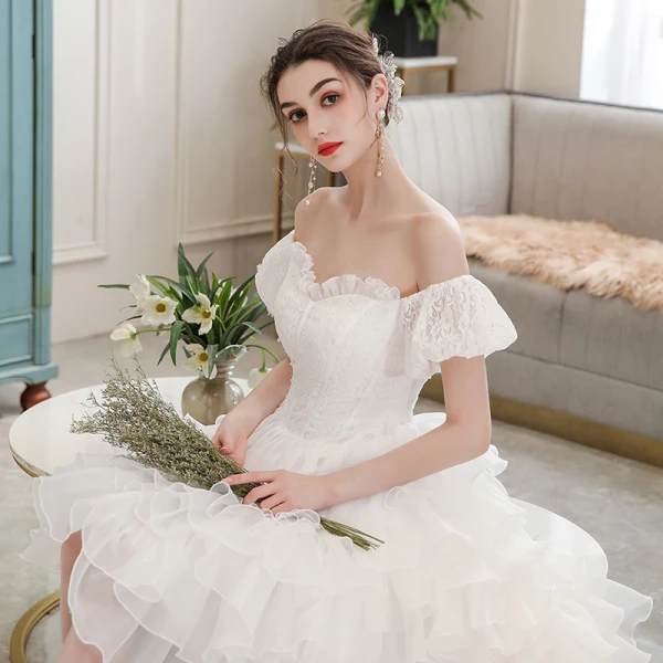 Affordable Ivory Beach Summer Wedding Dresses 2020 Ball Gown Off-The-Shoulder Puffy Short Sleeve Backless Asymmetrical Cascading Ruffles