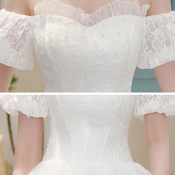 Affordable Ivory Beach Summer Wedding Dresses 2020 Ball Gown Off-The-Shoulder Puffy Short Sleeve Backless Asymmetrical Cascading Ruffles