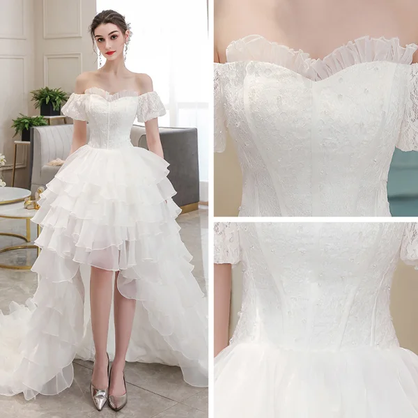 Affordable Ivory Beach Summer Wedding Dresses 2020 Ball Gown Off-The-Shoulder Puffy Short Sleeve Backless Asymmetrical Cascading Ruffles