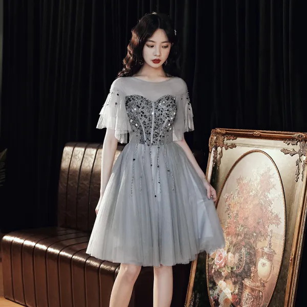 Chic / Beautiful Grey Cocktail Dresses 2020 A-Line / Princess See-through Scoop Neck Short Sleeve Sequins Beading Knee-Length Ruffle Backless Formal Dresses