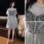 Chic / Belle Gris Robe De Cocktail 2020 Princesse Transparentes Encolure Dégagée Manches Courtes Paillettes Perlage Mi-Longues Volants Dos Nu Robe De Ceremonie
