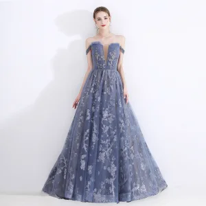 Chic Belle Océan Bleu Robe De Soirée 2020 Princesse De L 039 Épaule Transparentes Col V Profond Manches Courtes Appliques Paillettes Longue Volants Dos Nu Robe De Ceremonie