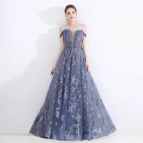 Chic / Beautiful Ocean Blue Evening Dresses  2020 A-Line / Princess Off-The-Shoulder See-through Deep V-Neck Short Sleeve Appliques Sequins Floor-Length / Long Ruffle Backless Formal Dresses