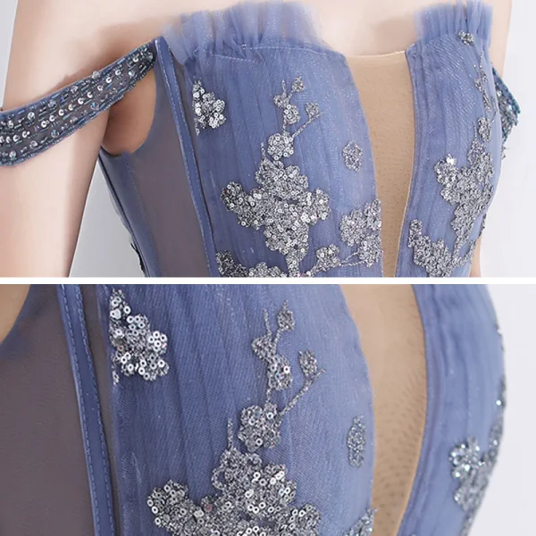Schöne Meeresblau Abendkleider 2020 A Linie Off Shoulder Durchsichtige Tiefer V-Ausschnitt Kurze Ärmel Applikationen Pailletten Lange Rüschen Rückenfreies Festliche Kleider