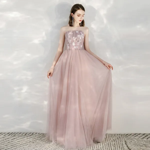 Elegante Rosa Abendkleider 2020 A Linie Bandeau Ärmellos Schmetterling Applikationen Spitze Glanz Tülle Lange Festliche Kleider